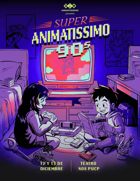 Afiche de Super Animatissimo 90s con fechas 12 y 13 de diciembre en Teatro NOS PUCP