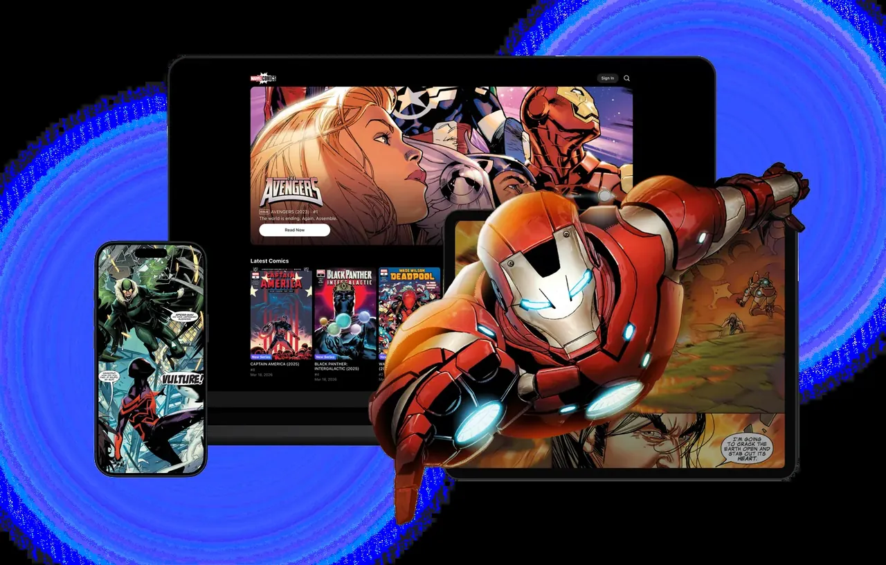 Vista oficial de la aplicación Marvel Comics powered by WEBTOON en tablet y teléfono