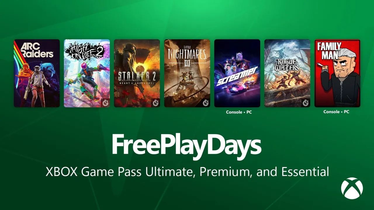 Arte oficial de Free Play Days con ARC Raiders, High On Life 2, S.T.A.L.K.E.R. 2, Little Nightmares III, Screamer, Rogue Waters y Family Man