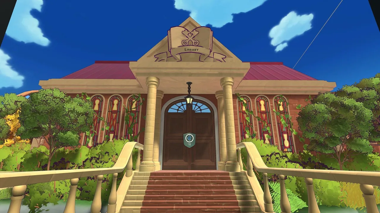 Captura oficial de Escape Academy 2 con la entrada de la biblioteca del campus