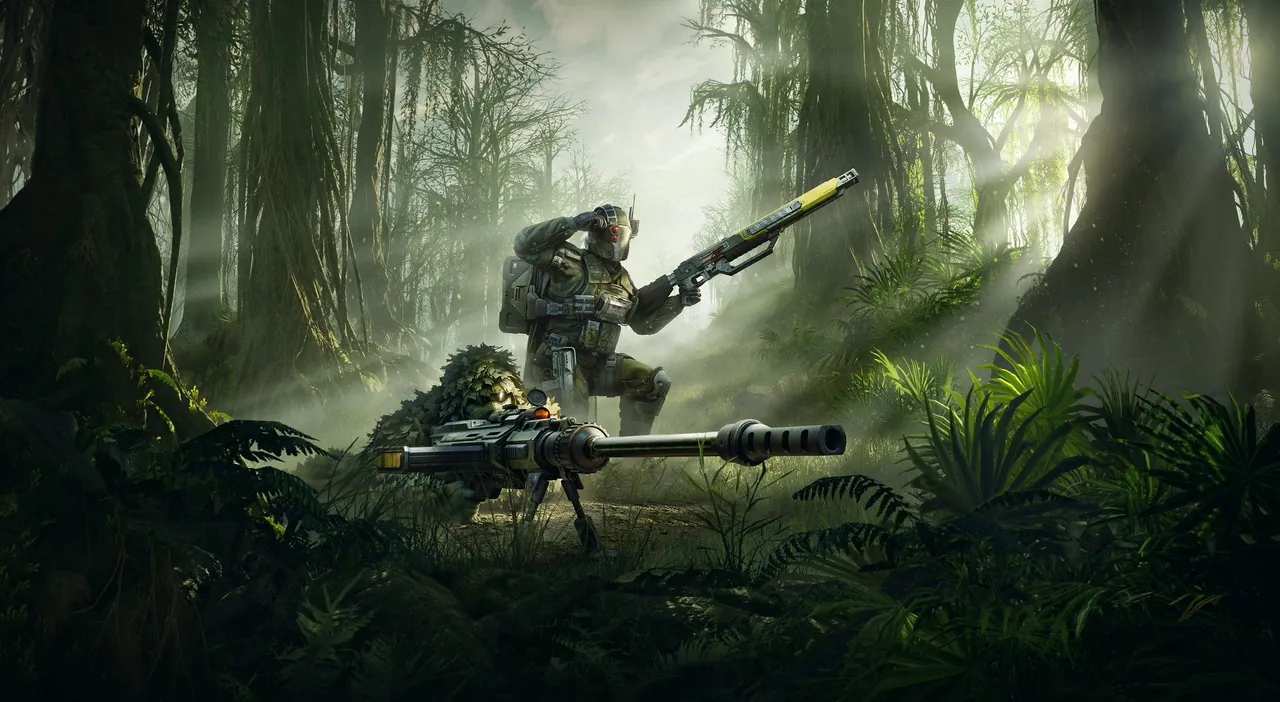 Arte oficial de Scope of Authority con dos Helldivers camuflados y armas de largo alcance