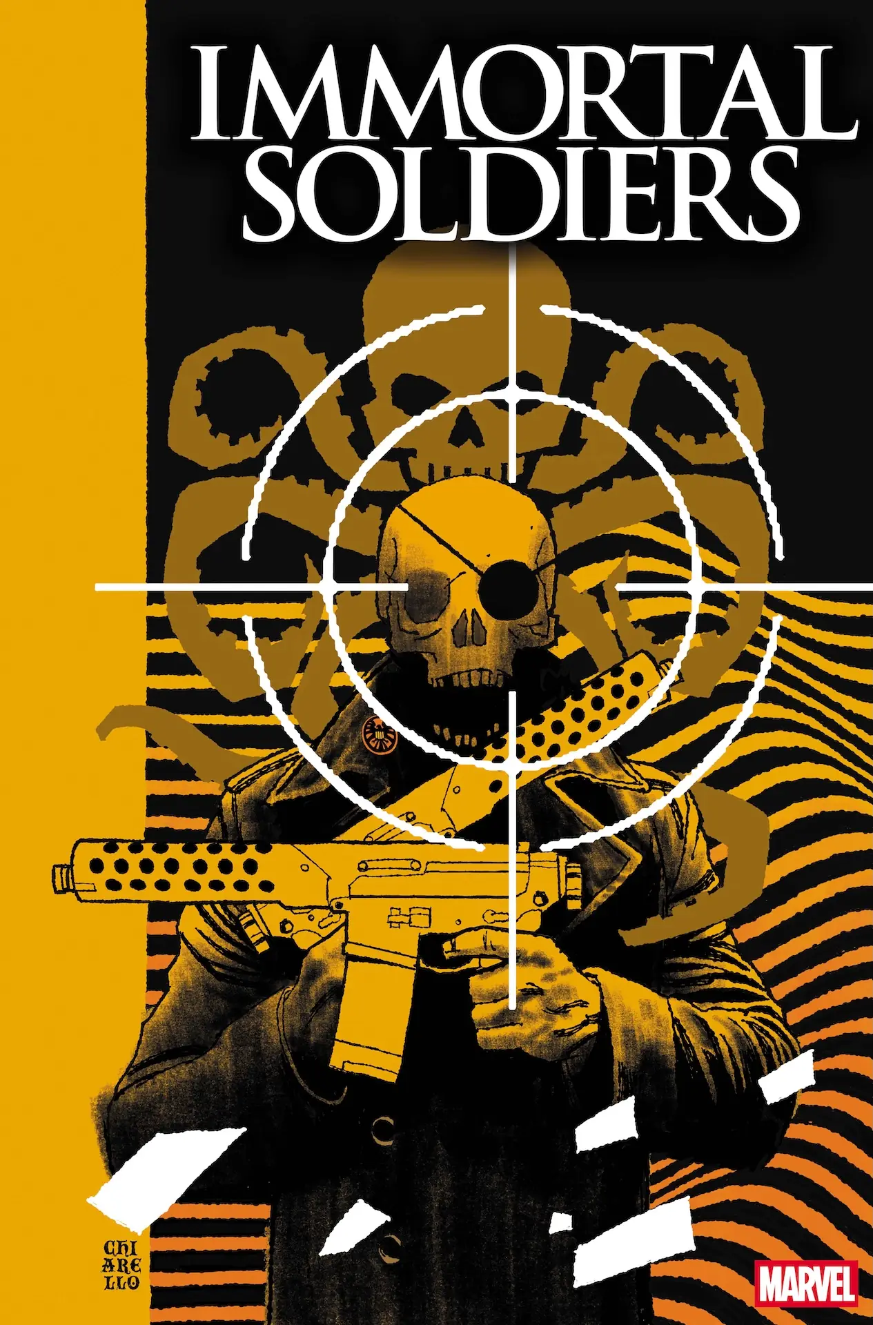 Portada alternativa oficial de Immortal Soldiers por Mark Chiarello, en negro y amarillo