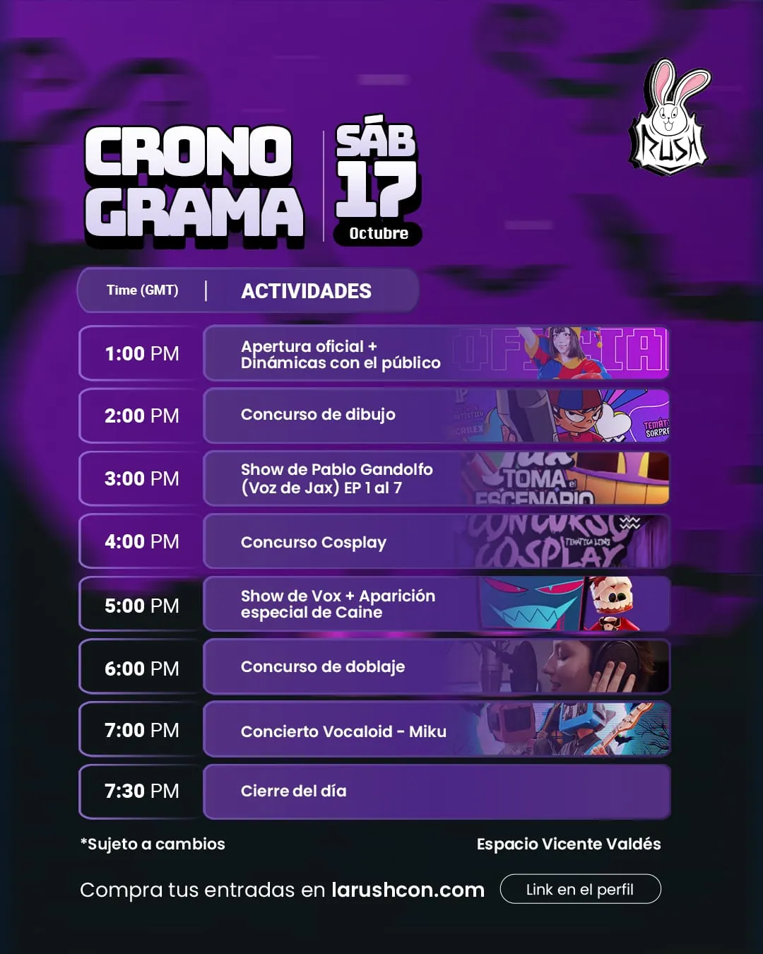 Programa oficial de RushCon para el sábado 17 de octubre, con actividades de doblaje, cosplay y Vocaloid