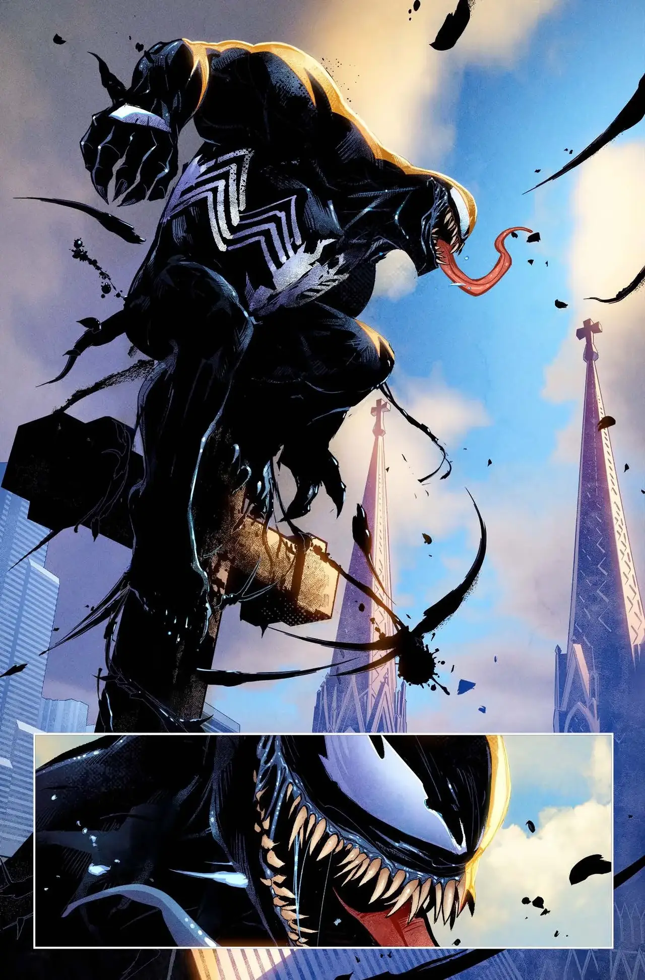 Página promocional de Venom con el personaje sobre una ciudad y un primer plano de su rostro