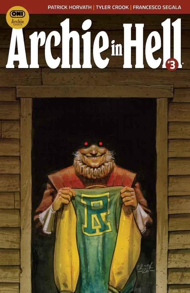 Portada de Archie in Hell número 3 por Tyler Crook, con una figura de ojos rojos sosteniendo una chaqueta.