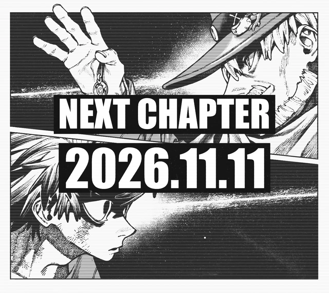 Ilustración oficial de Gachiakuta publicada por Kei Urana con el anuncio NEXT CHAPTER 2026.11.11.