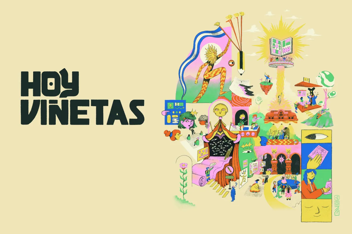 Arte promocional oficial de Hoy Viñetas, con el nombre del encuentro e ilustraciones de personajes y viñetas.