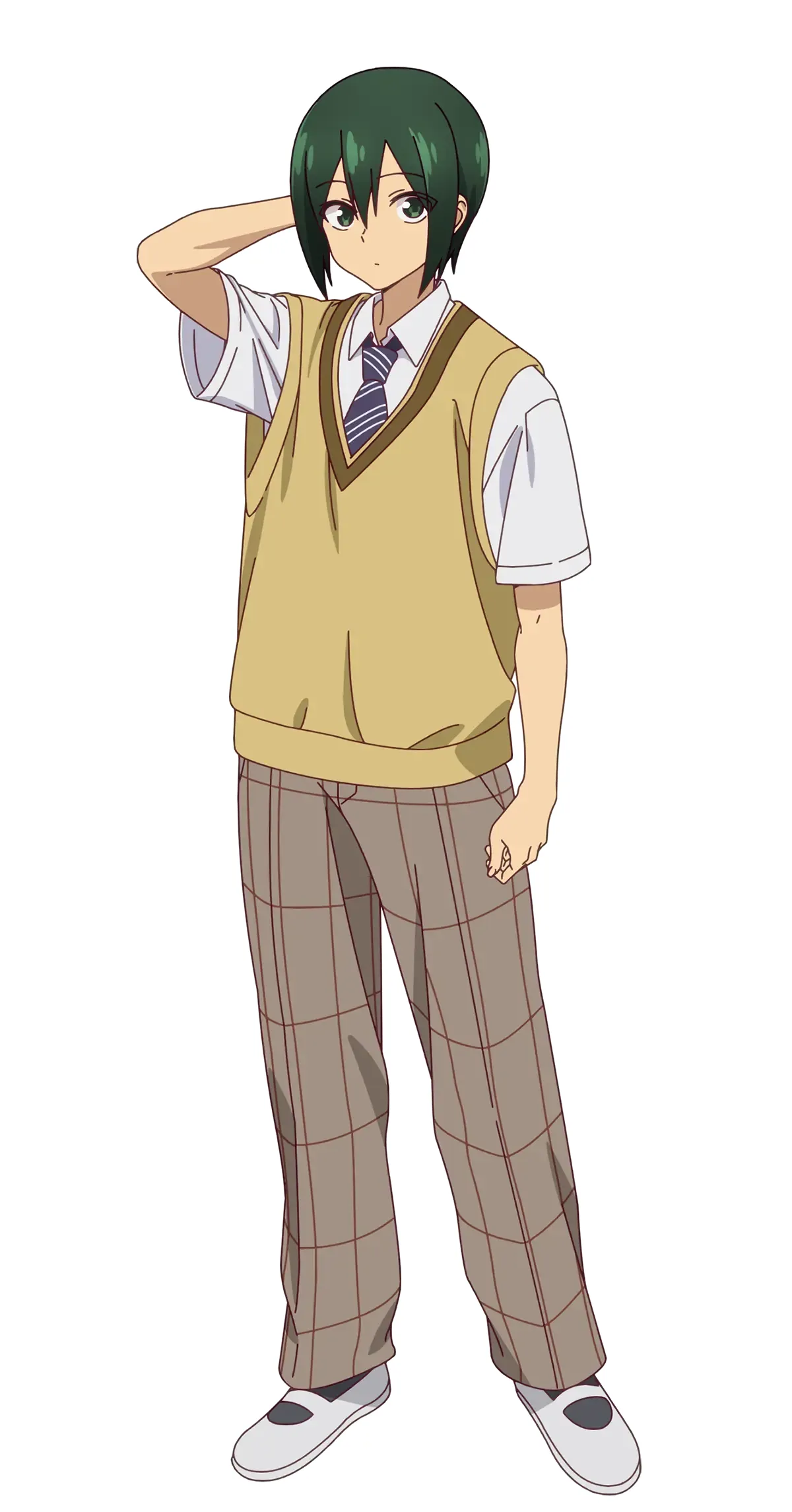 Yuhi Takamiya con su uniforme escolar en el diseño oficial del anime Yumene Connect