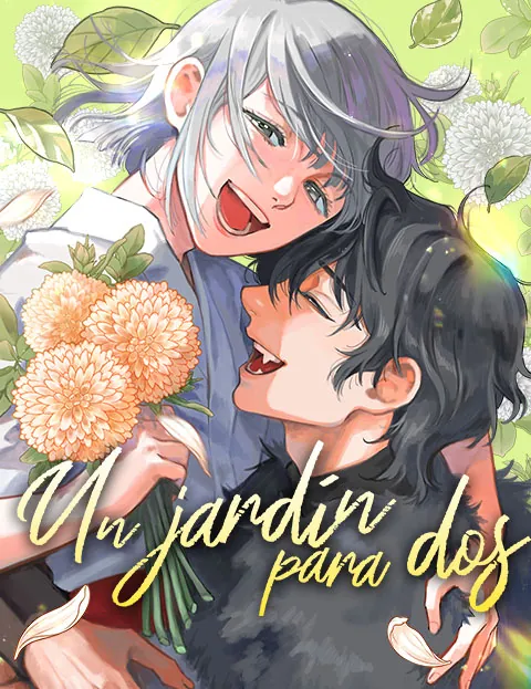 Arte oficial de Un jardín para dos con sus protagonistas rodeados de flores y hojas.