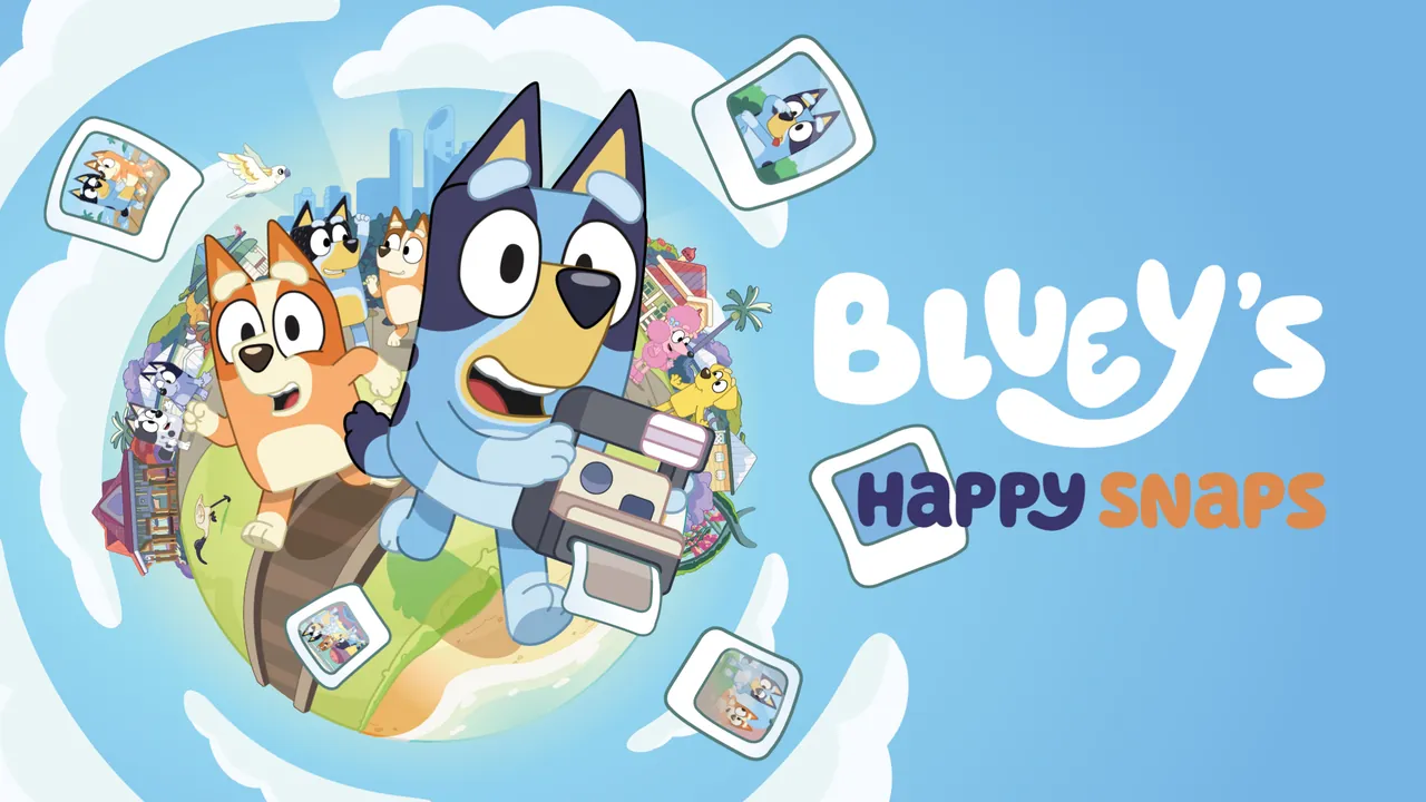 Bluey y Bingo con una cámara en el arte de Bluey’s Happy Snaps