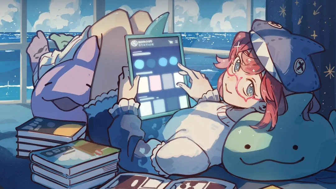 Ilustración promocional de KOMODO Manga & Comics con una lectora que sostiene una tableta junto a varios libros.