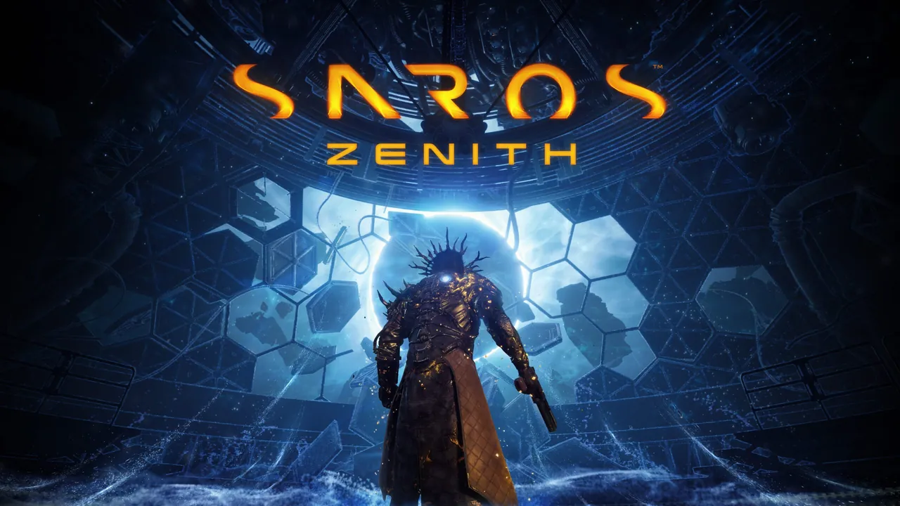Arte oficial de Saros Zenith con Arjun ante un umbral iluminado
