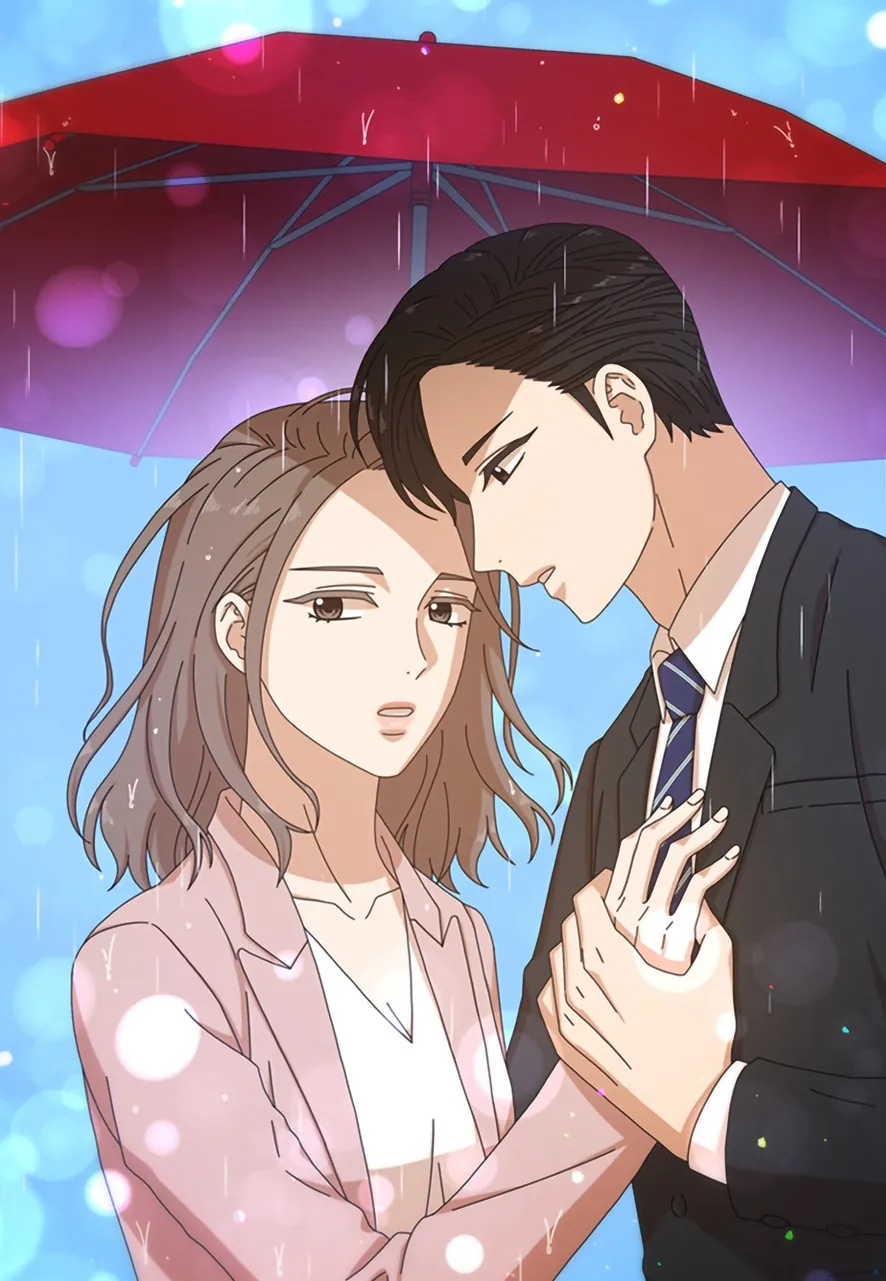 Ilustración oficial de Time in the Rain con sus protagonistas adultos bajo un paraguas rojo.