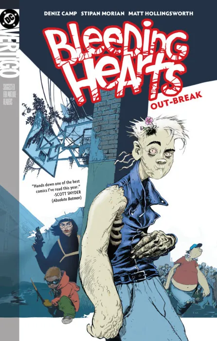 Cubierta de Bleeding Hearts Out-Break con Poke y otros personajes bajo el logotipo rojo