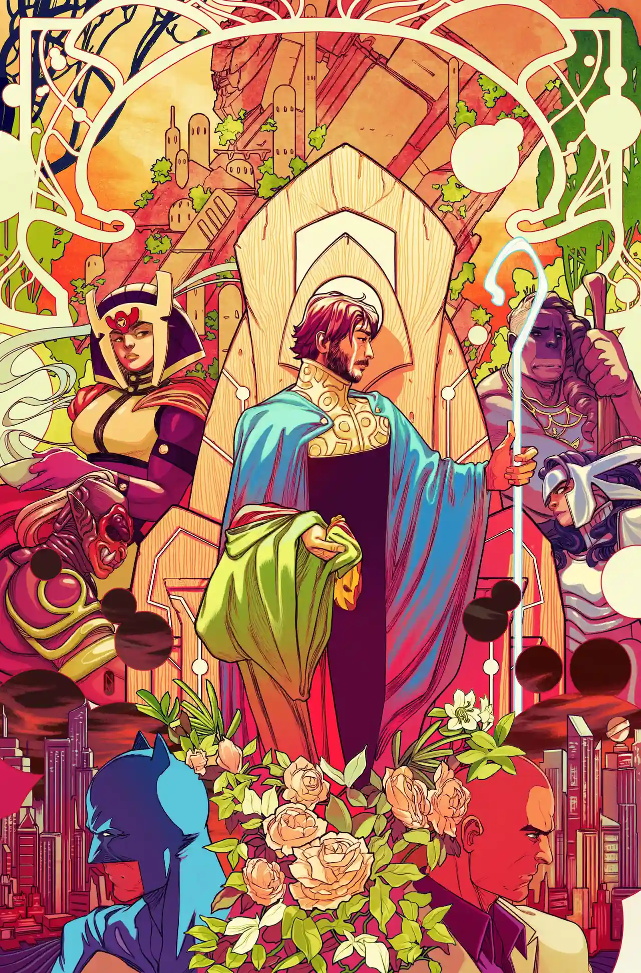 Portada de DC All In Saga The New Gods con Mister Miracle y los habitantes de New Genesis