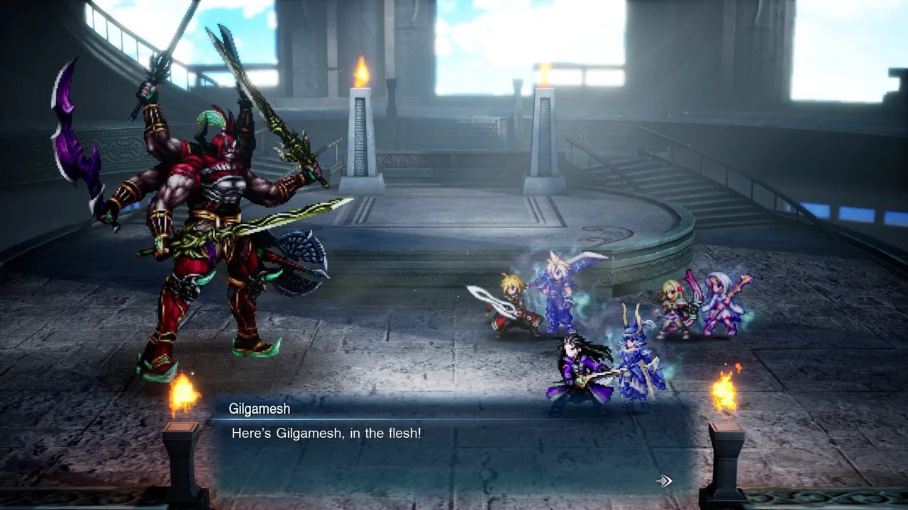 Captura oficial de Final Fantasy Resonance con Gilgamesh frente al grupo de protagonistas