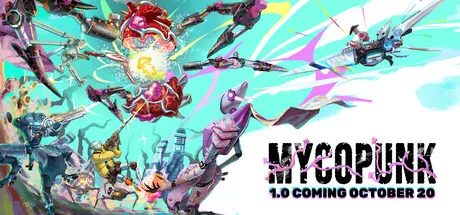 Arte promocional de Mycopunk con robots y criaturas fúngicas y la fecha anunciada para la versión 1.0