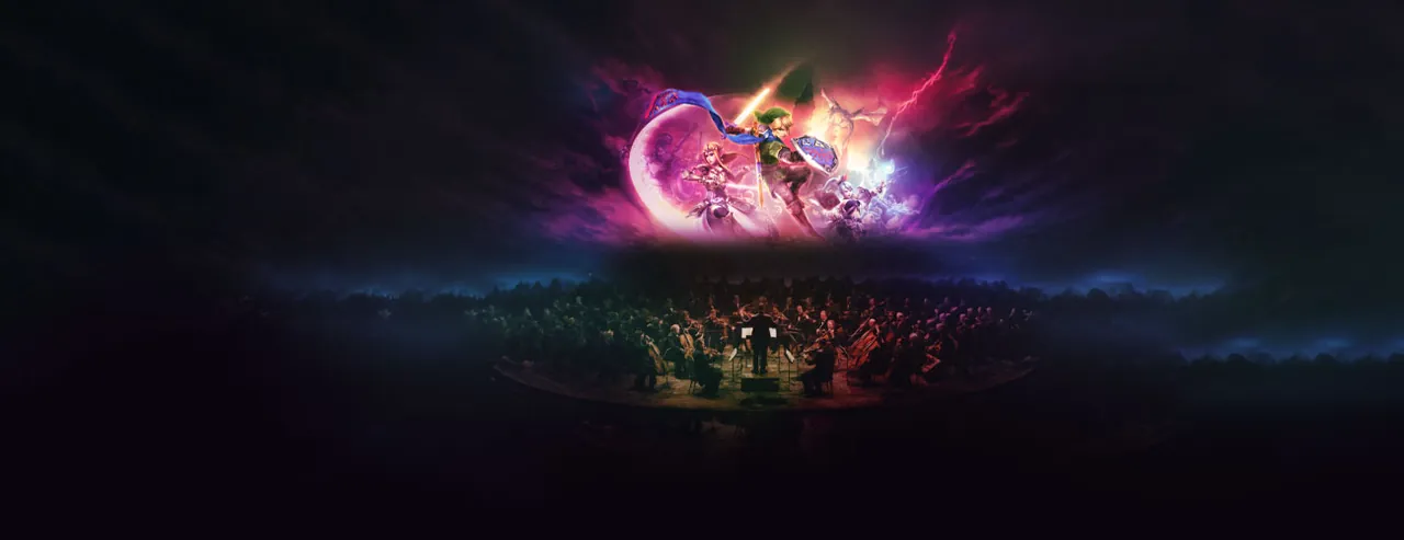 Imagen promocional de Zelda Symphonic Legends en Lima, con personajes de The Legend of Zelda y una orquesta.