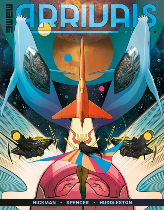 Cubierta de Arrivals con naves, mundos y personajes en una composición espacial de Mike Huddleston