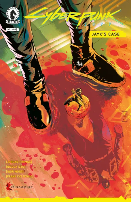 Cubierta de Cyberpunk 2077 Jayks Case número uno con un investigador visto desde arriba sobre un fondo naranja