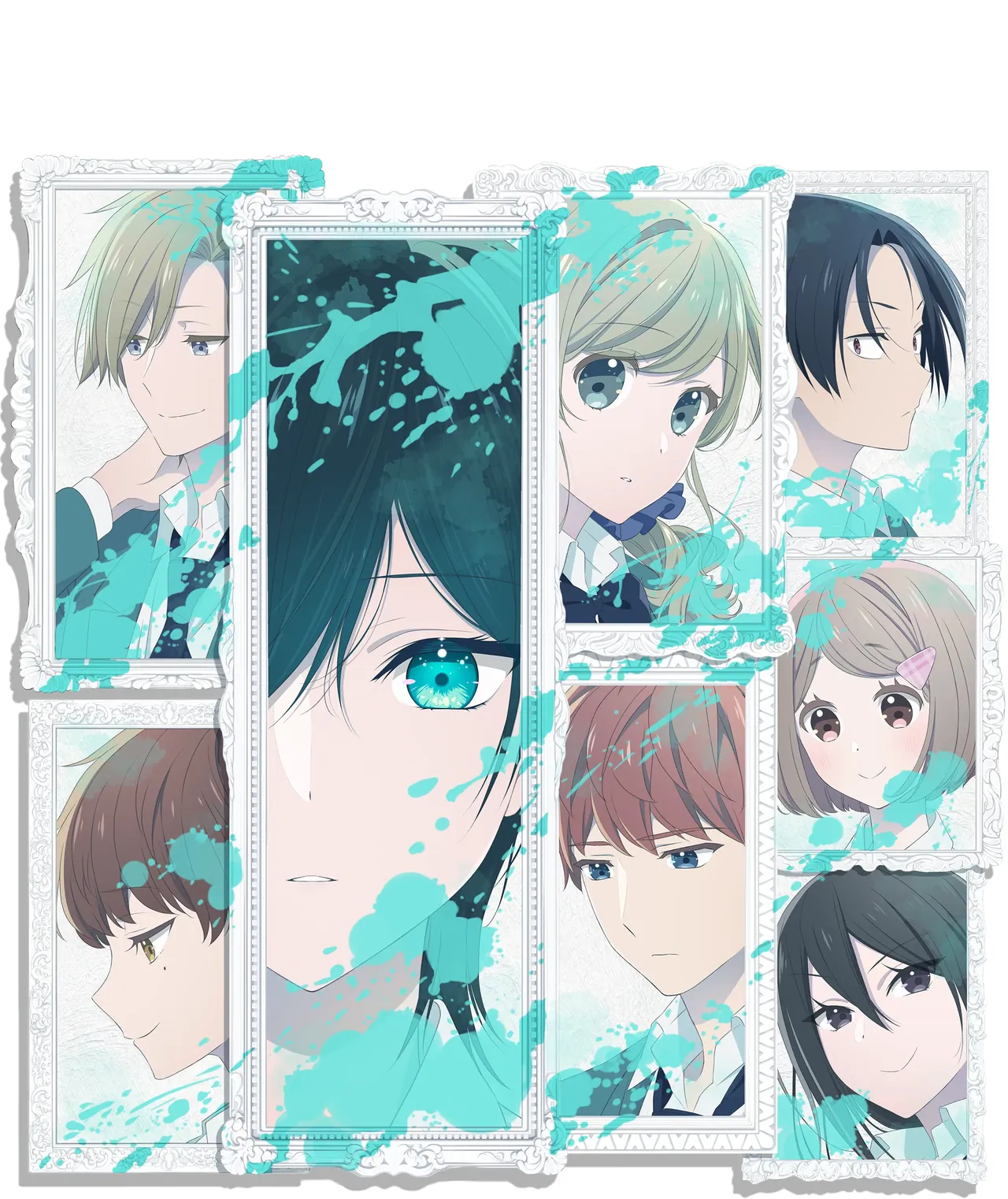 Visual principal de Just Like Mona Lisa con Hinase y sus compañeros entre marcos blancos