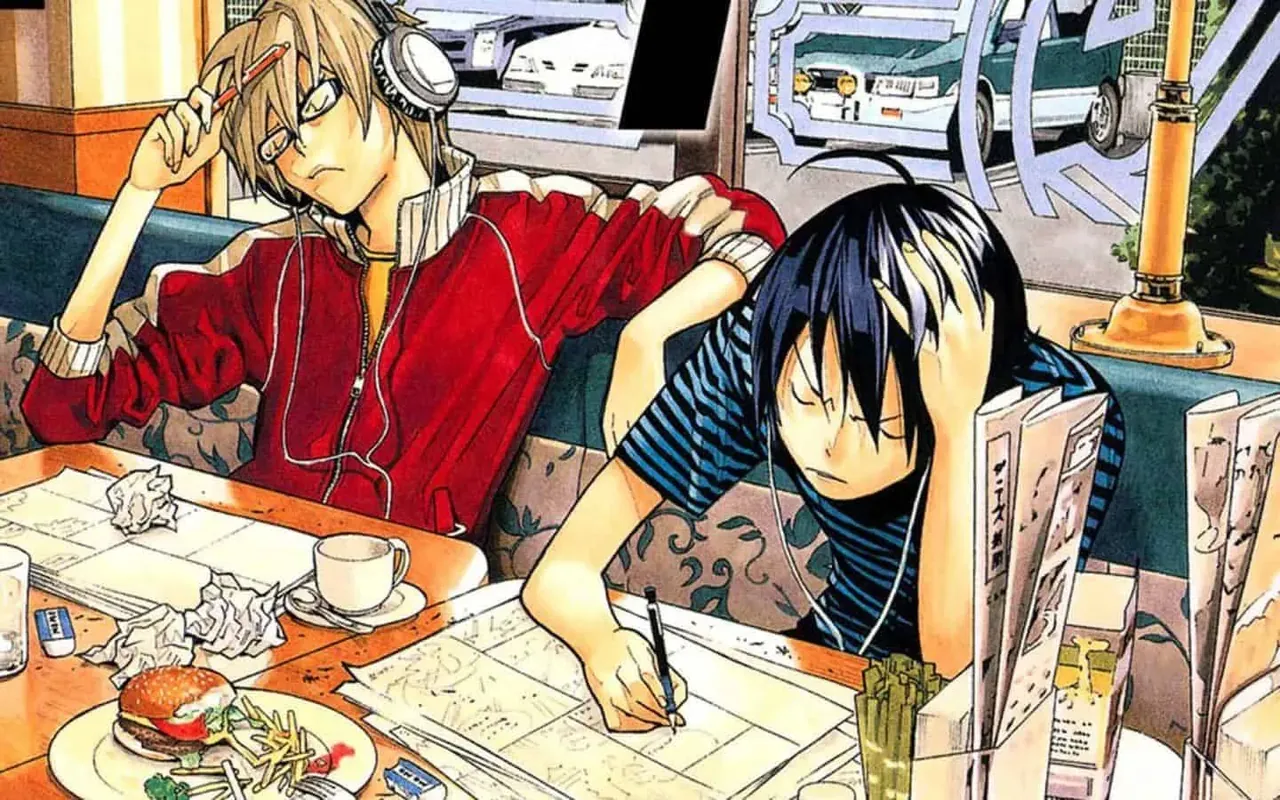 Ilustración de Bakuman con Mashiro y Takagi trabajando en un manga