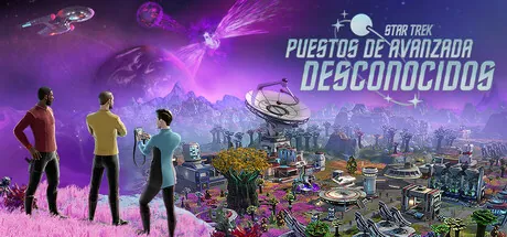 Arte oficial de Star Trek Puestos de avanzada desconocidos con tripulantes ante un paisaje alienígena
