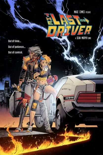 Cubierta de The Last Driver con automóvil, relámpagos y personajes en homenaje a Back to the Future