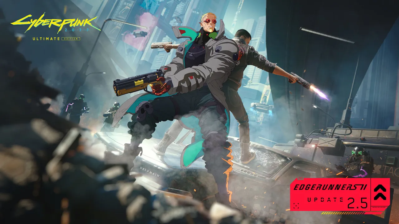 Arte oficial de Cyberpunk2077 Edgerunners2 Update2.5 con Weak Kingsley y V en Night City