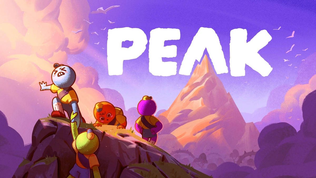 Ilustración de PEAK con escaladores frente a la montaña