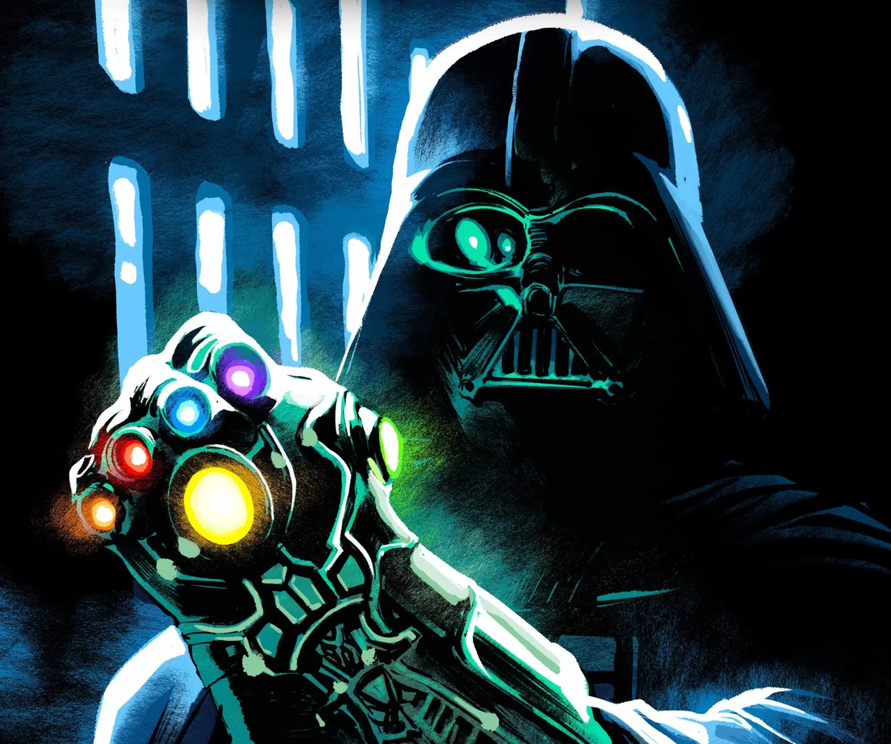 Detalle de la portada variante de Hope Assembles con Darth Vader sosteniendo el Guantelete del Infinito