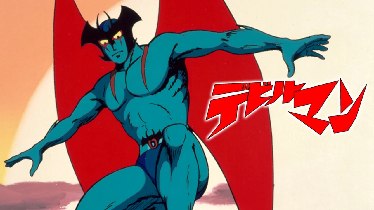 Devilman alado junto al logotipo japonés de la serie clásica, imagen promocional distribuida por AbemaTV