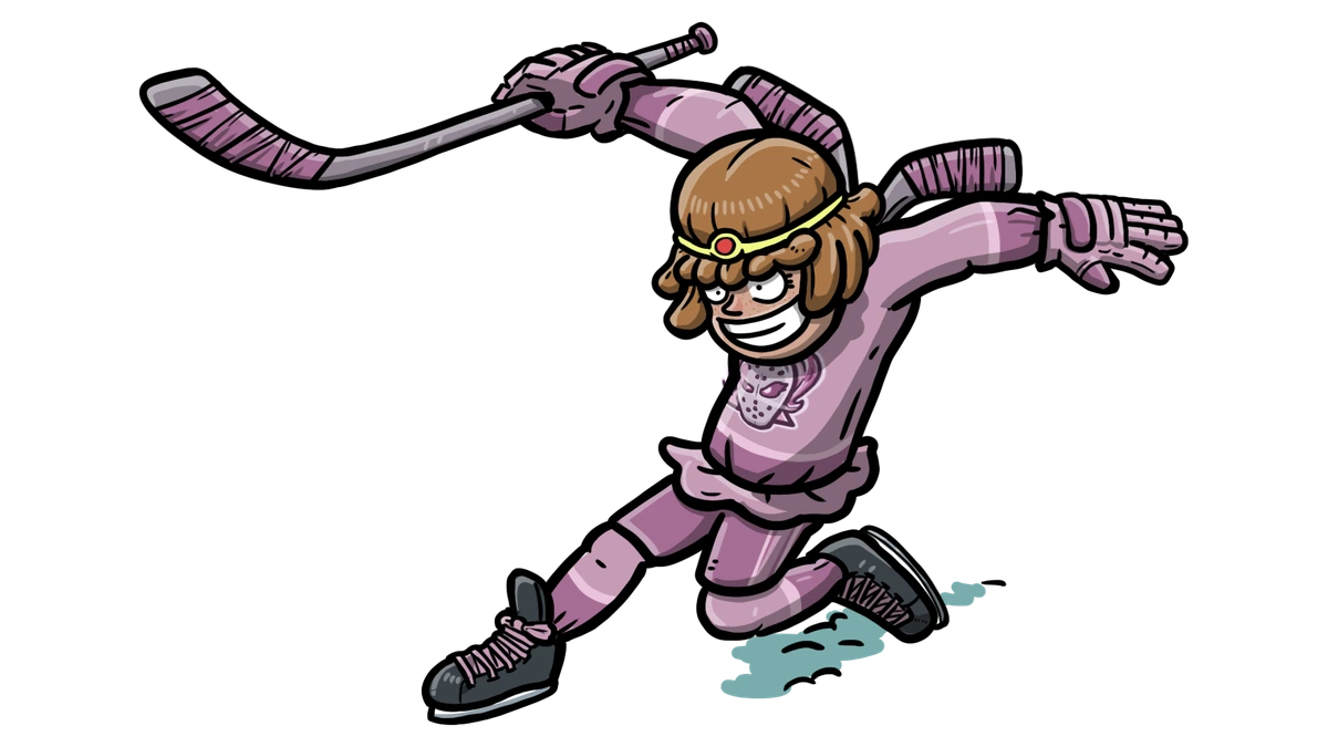 Princess Clementine, personaje de Tape to Tape, patina con un palo de hockey